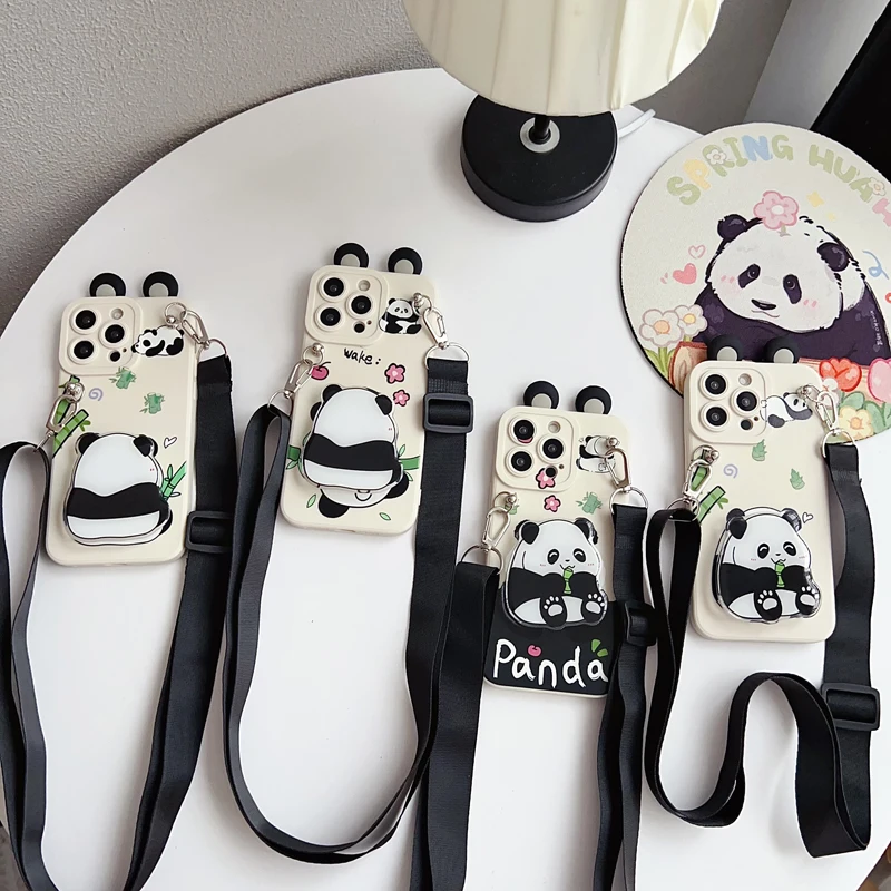 For Xiaomi Redmi 9 10 10A 12 13 10C 12C 13C 14C Note 8 9 9s 10 11 12 13 14 Pro Panda Case With Holder Rope