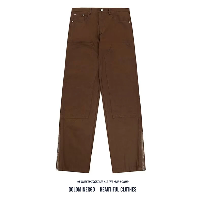 

Модные коричневые рабочие джинсы, мужские прямые брюки на молнии, однотонные, повседневные, длинные, в стиле High Street, молодежные, весенние, модные