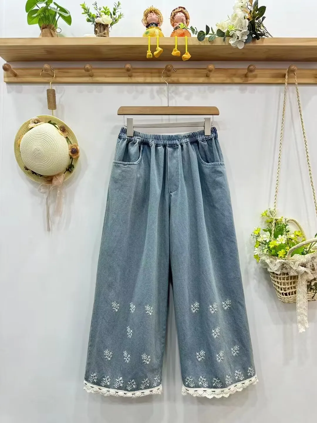 Autumn New Preppy Style Embroidered Denim Pants Women Elastic Waist Casual Pants