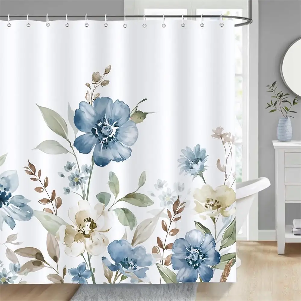 Floral Shower Curtains Watercolour Blue Purple Flowers Butterfly Leaves Plant Bath Curtain Polyester Bathroom Decor with Hooks