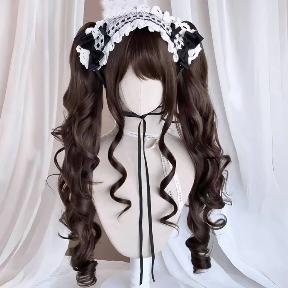 AOSI Synthetic Long Curly Wig Double Ponytail Cute Lolita Women Wigs Halloween Cosplay Style Blonde Brown Party Wig
