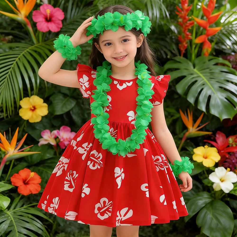 Sommerkleider für Mädchen, Blumendruck, Hawaii-Strand-Stil, Urlaubskleid mit Accessoires, Kinderkostüm für Lagerfeuerparty, Purim
