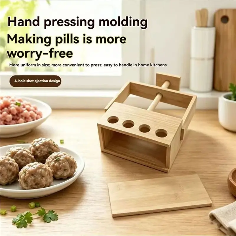 DTEN-For Quickly Forcing Mold Set, Wooden Manual Quadruple Meatball Maker, Making Tool For Meatballs Or Round Pastries