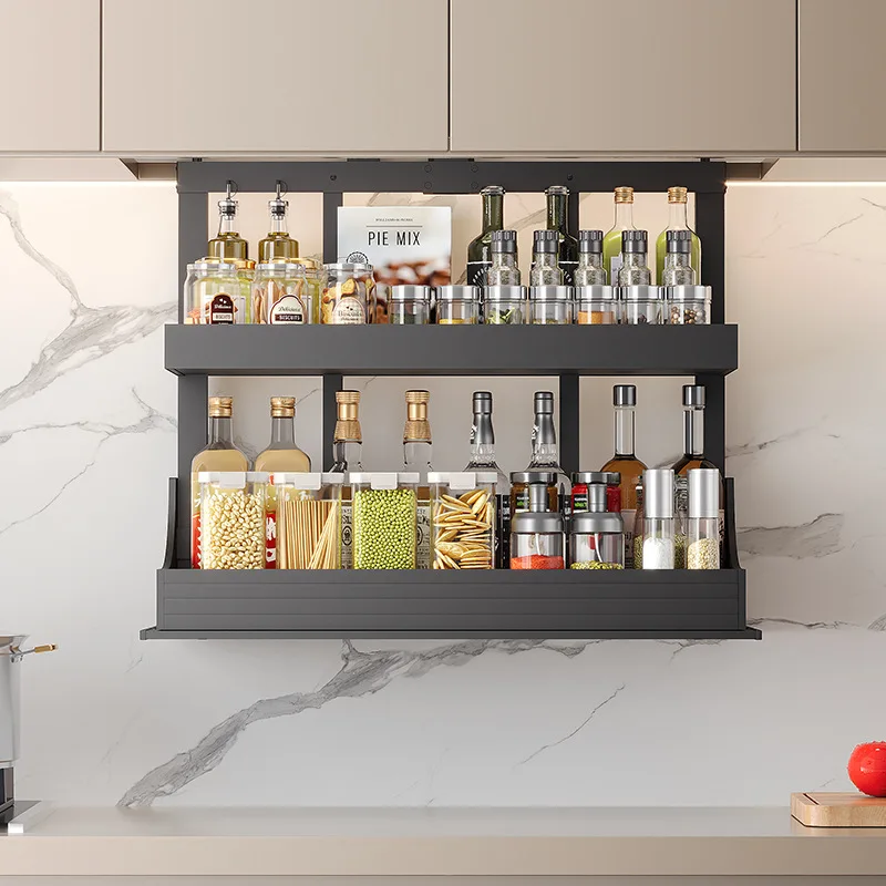 Kitchen Electric Lift Hanging Cabinet Cabinet Intelligent Voice Control Double-layer Basket Aluminum Alloy Anti-clamp Vertical S