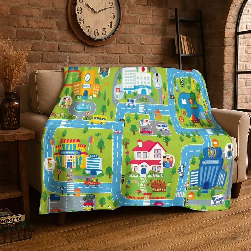 City Traffic Road Highway Runway Map Playmat Playroom Flannel Blanket Soft Throw Blanket for Bedroom Living Room Bed Picnic Nap