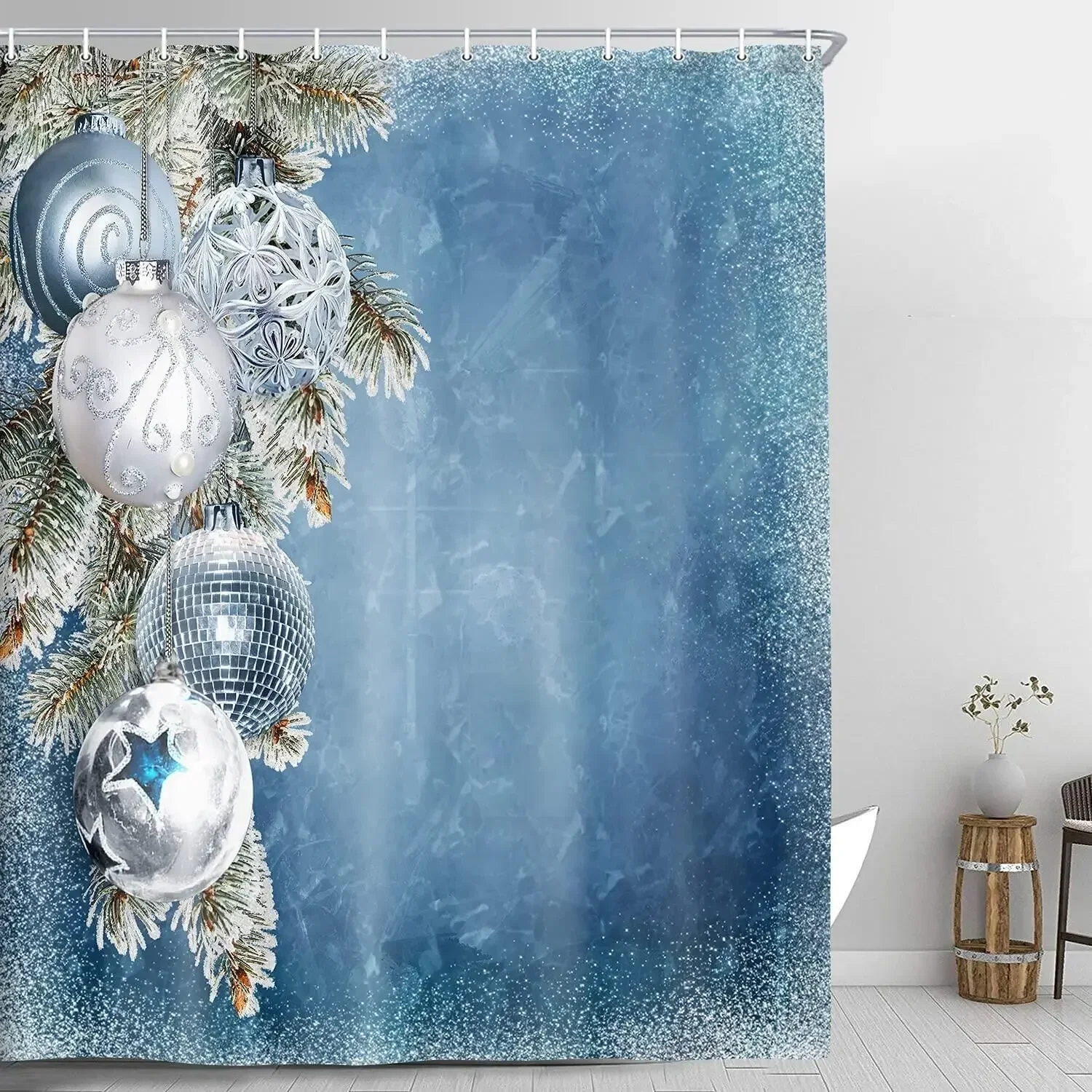 Merry Christmas Balls Shower Curtains Silvery and Blue Rope Balls Snowflakes Fashion Winter Polyester Xmas Curtain for Bathroom