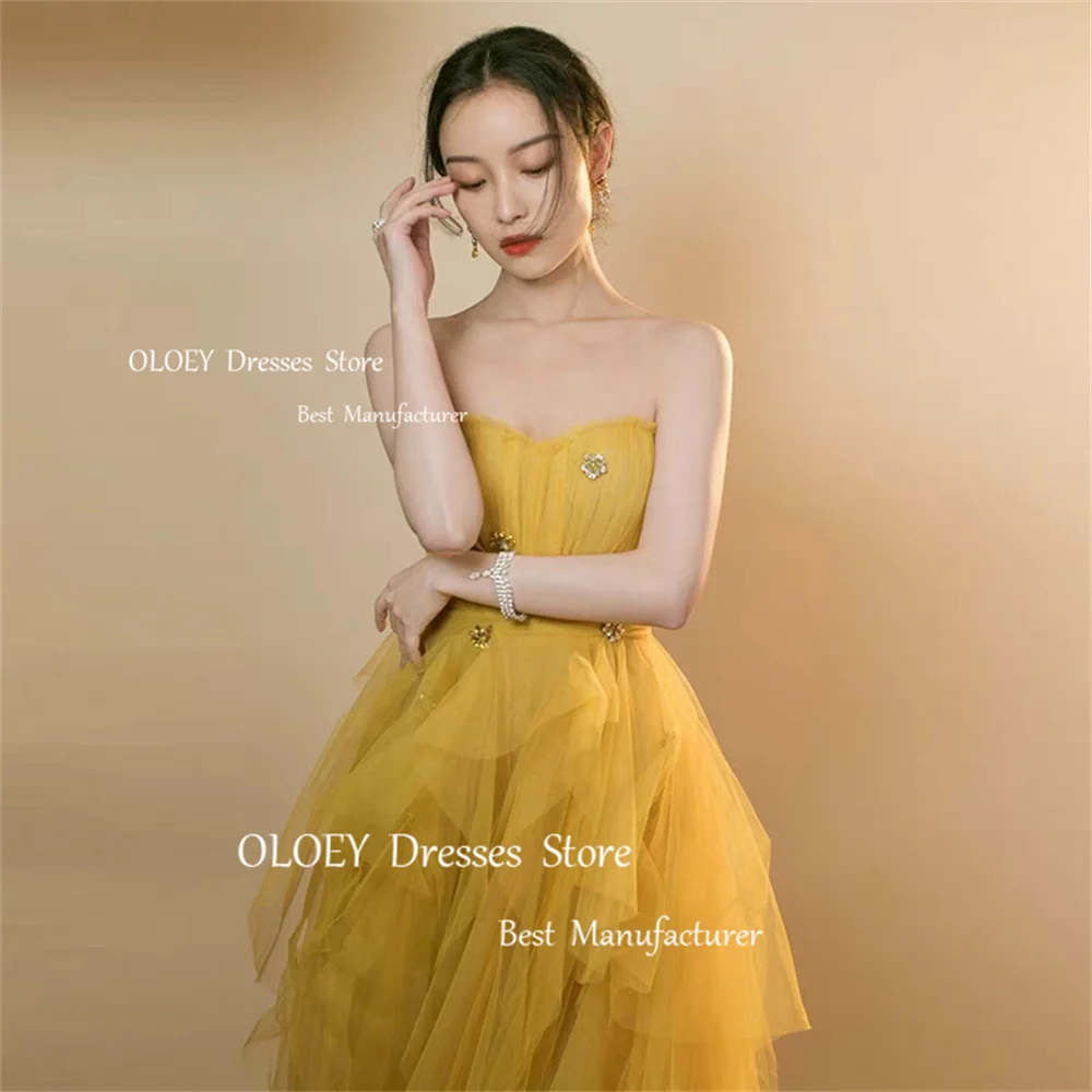 OLOEY Elegant Yellow Prom Dress Wedding Photoshoot Customized Sweetheart Beading Crystal Ruffles Silky Tulle Party Evening Dress