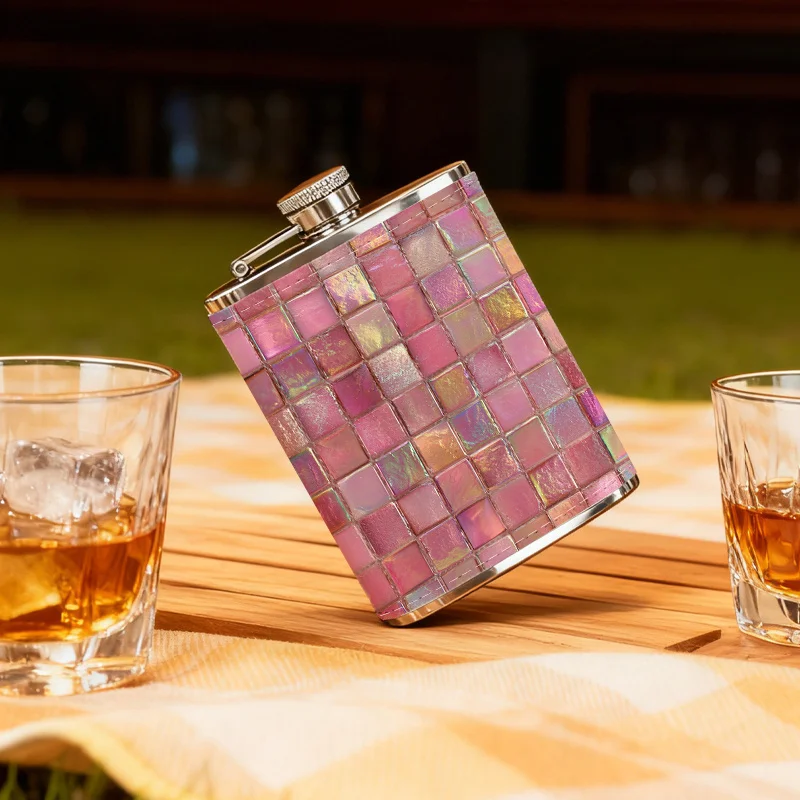 8oz Pink Iridescent Mosaic Hip Flask, Stainless Steel Leakproof Liquor Flask, Portable Pocket Flask for Camping, Hiking & Gift