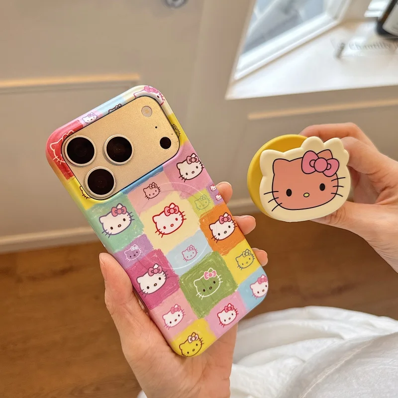 Fashion Cartoon Hellokitty Pattern Magnetic Phone Case For iPhone 17 Pro 16 15 Pro Max Cover with Stand For Magsafe Hard Cases F