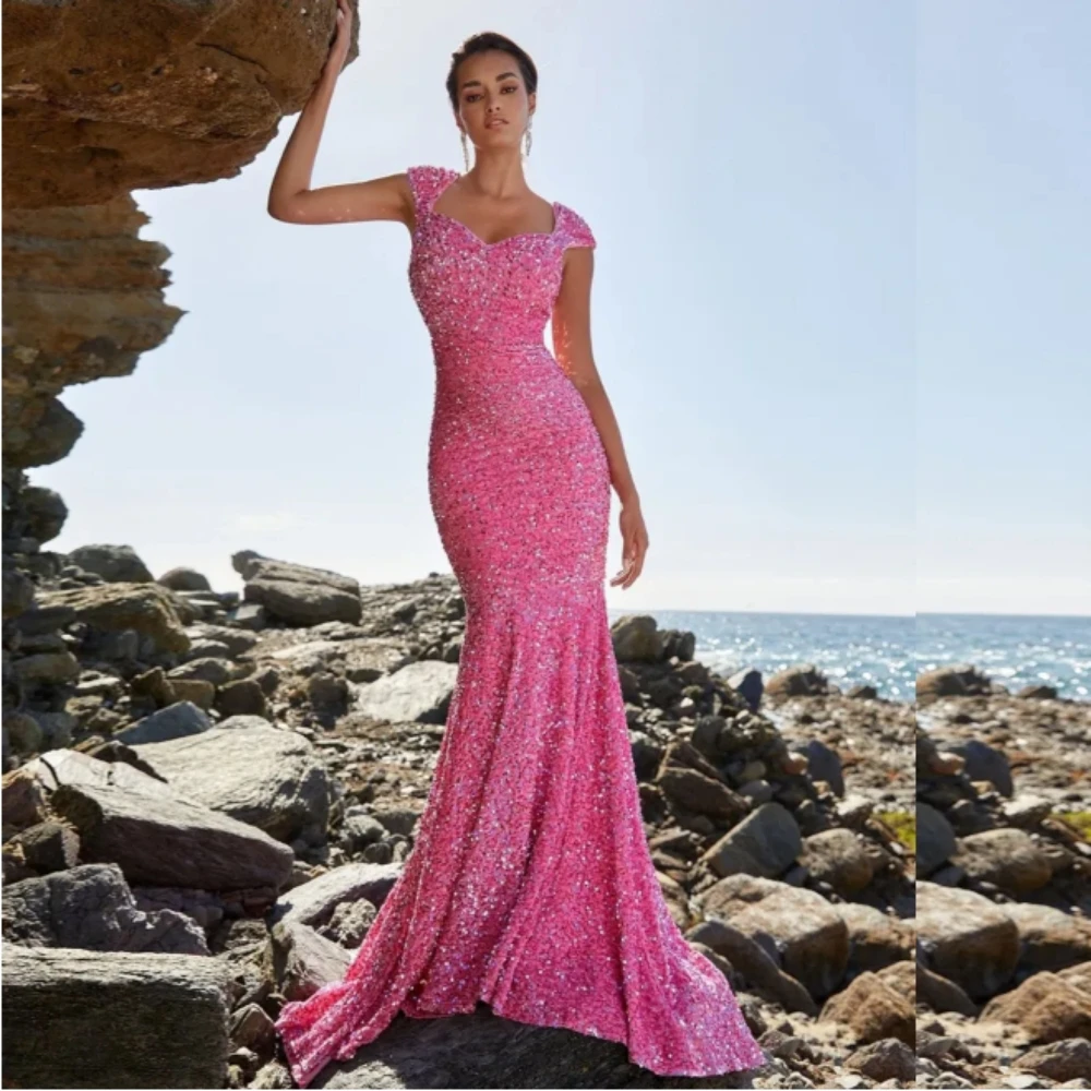 

Vintage Pink Sequined Mermaid Evening Dresses V Neck Cap Sleeve Prom Dress Sweep Train Vestidos De Soiree 2024فساتين السهرة