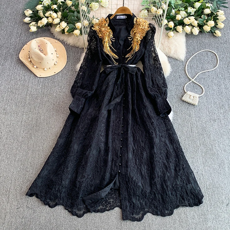 

French Court Retro Three-dimensional Flower Dress Women Spring Autumn Single Breasted Long Sleeved Party Lace Long Dress S250