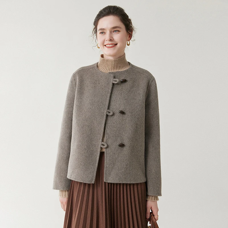 New Double-Sided Cashmere Coat For Women Short Style 100% Wool Coat With Horn Buttons High-End Formal Shoulder Women'S Clothing