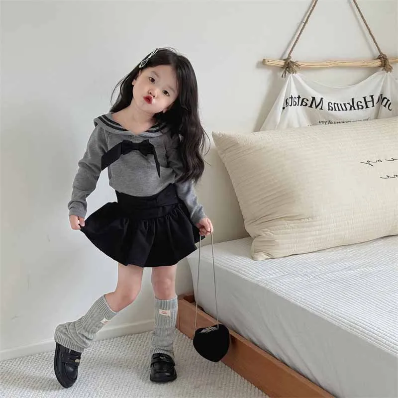 Baby Girls Sets Preppy Style Knitted Bow Tops Solid Puffy Skirt Skort 2024 Autumn New Children Two Piece Sets