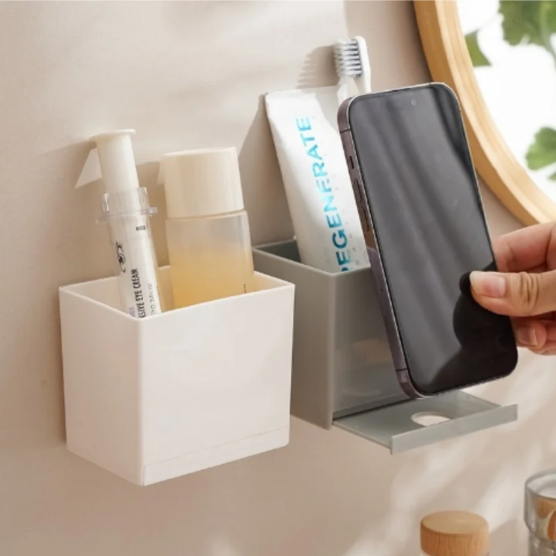 

New Perforated Transparent Storage Box With Pull-Out Wall Mounted Shelf Phone Holder Toothbrush Storage Box Easy to use