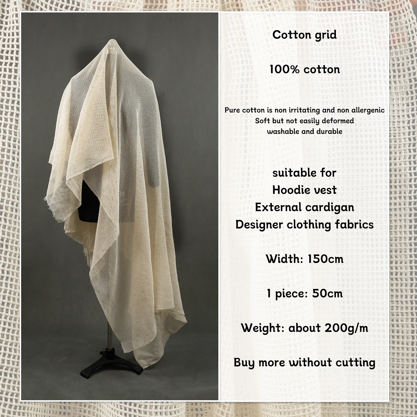 Cotton Square Mesh Fabric Hollow Out See-Through Eyelet Retro 3D Woven Apparel Fabric
