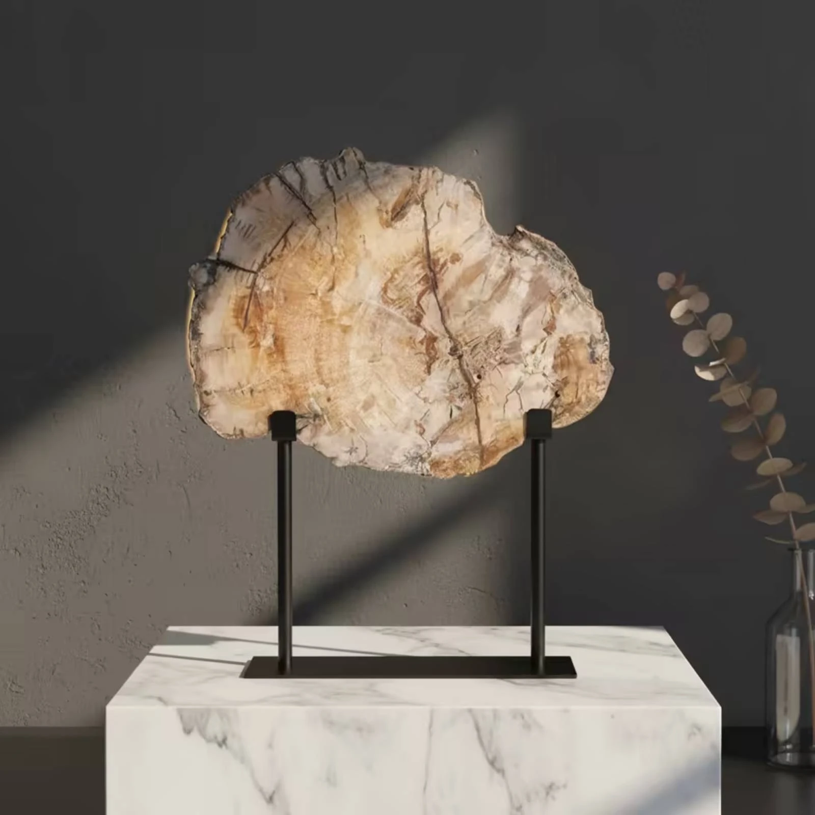 Stone Slice Ornament with Stand Organic Tabletop Sculpture with Metal Stand Decorative Stone Slice Minimalist Understated