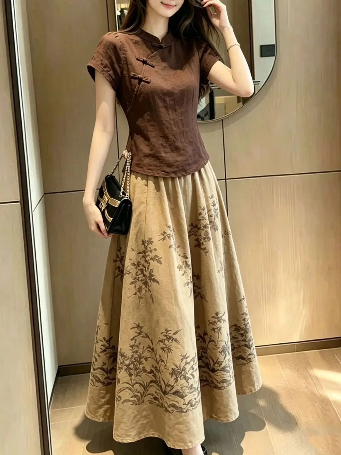 2026 New Summer Chinese Style Women's Fashion Set Short Sleeve Slim Fit Two Piece Suit Button Print Polyester Fiber Anti-Wrinkle