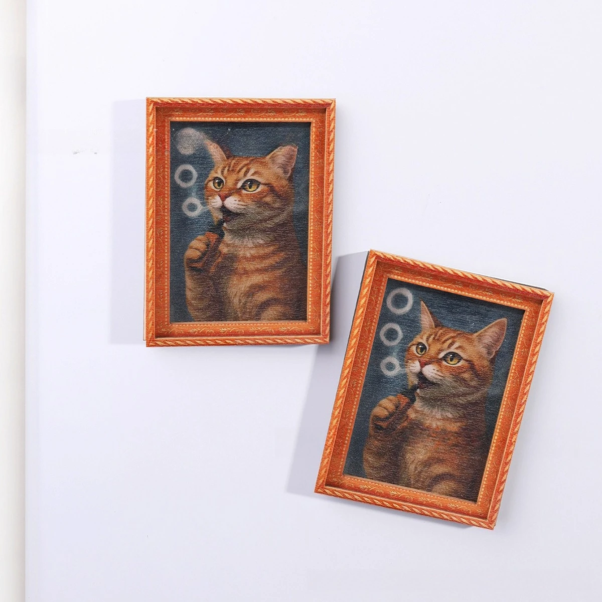 Vintage Wood Frame Smoking Pipe Cat Fridge Magnet, Retro Oil Painting Style Orange Tabby Cat Blowing Bubbles Magnetic Sticker