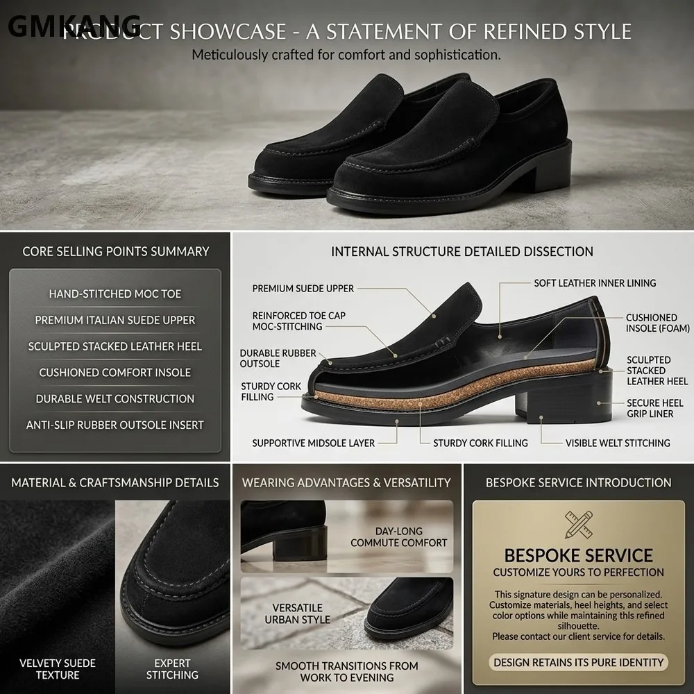 High Quality Women's Suede Leather Chunky Mid Heel Loafers Retro Business Style Comfortable Slip On Shoes For Office Daily