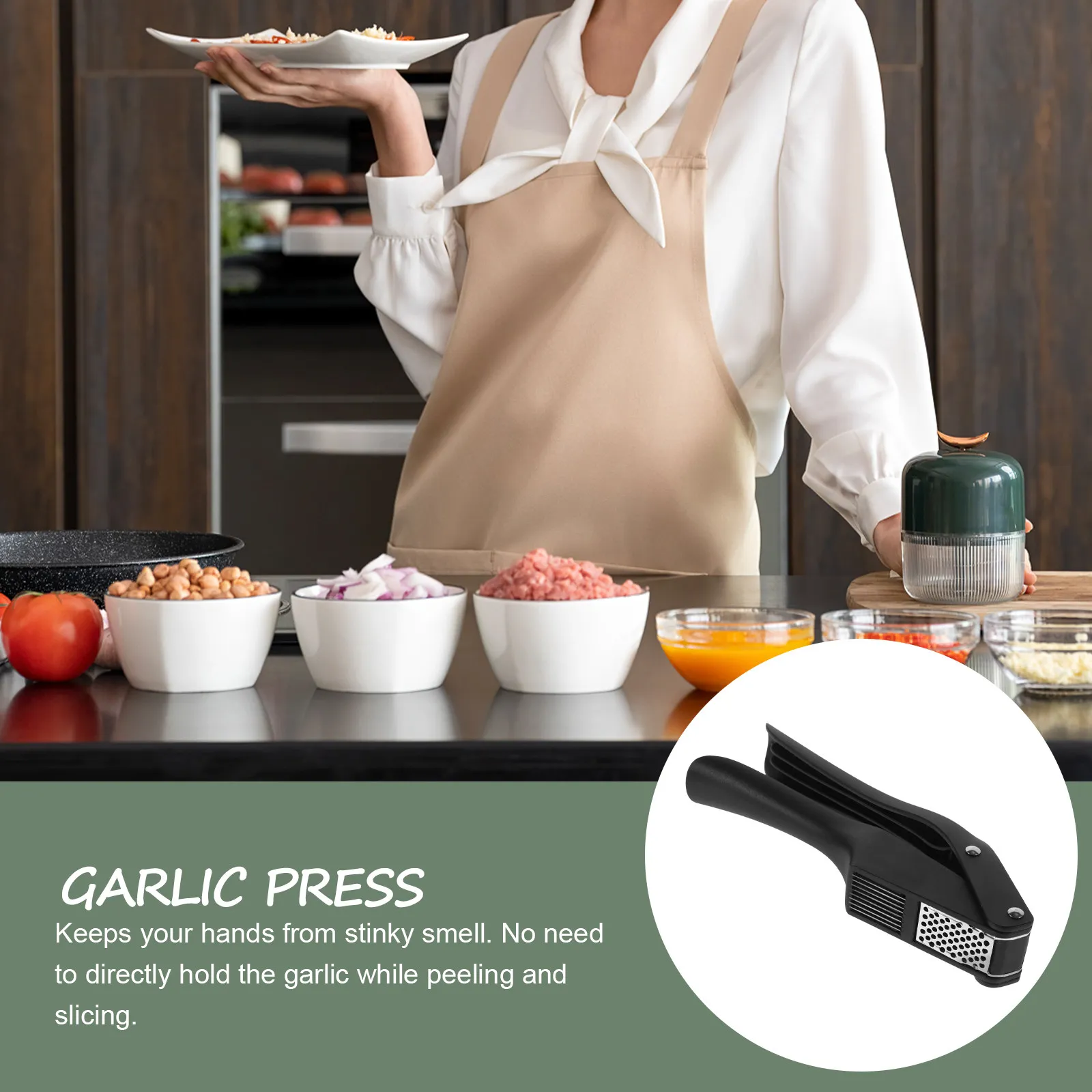 Manual Garlic Press Stainless Steel PP Aluminum Alloy Ergonomic Curved Handle Compact Lightweight Easy Clean Kitchen Garlic