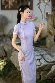 2024春季新款紫色蕾絲旗袍,青春時尚改良版女童修身旗袍,優雅旗袍 8 最佳銷售 女式旗袍 - №5