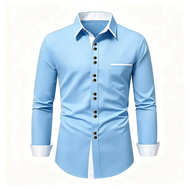 Men's shirt business men's light blue long sleeved shirt contrasting white border collar cuffs slim fit versatile men's shirt
