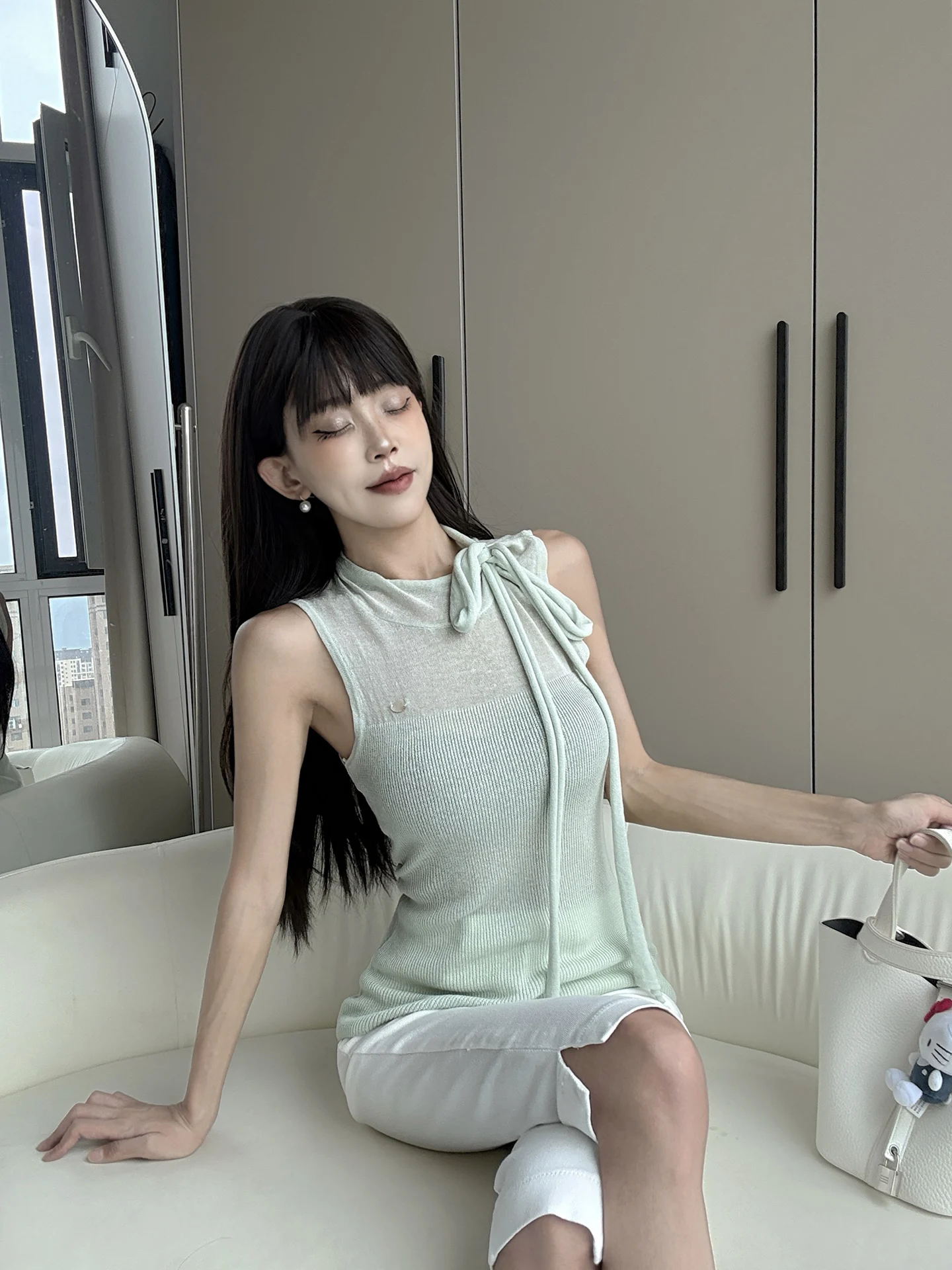 MianCun Gentle Wind Semi-Transparent Linen Knitted Vest Women's Outerwear High-End Slimming Tie-Waist Sleeveless Top