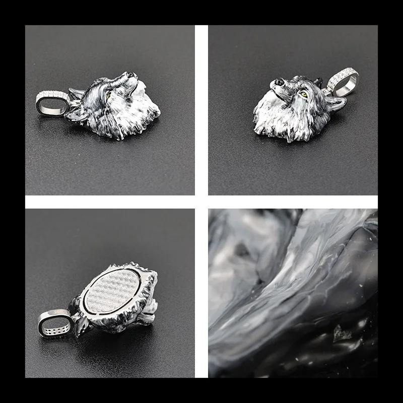 قلادة رأس الذئب المينا المطلية يدويًا نقية، قلادة طوطم الذئب المرصعة بالألماس على طراز الهيب هوب