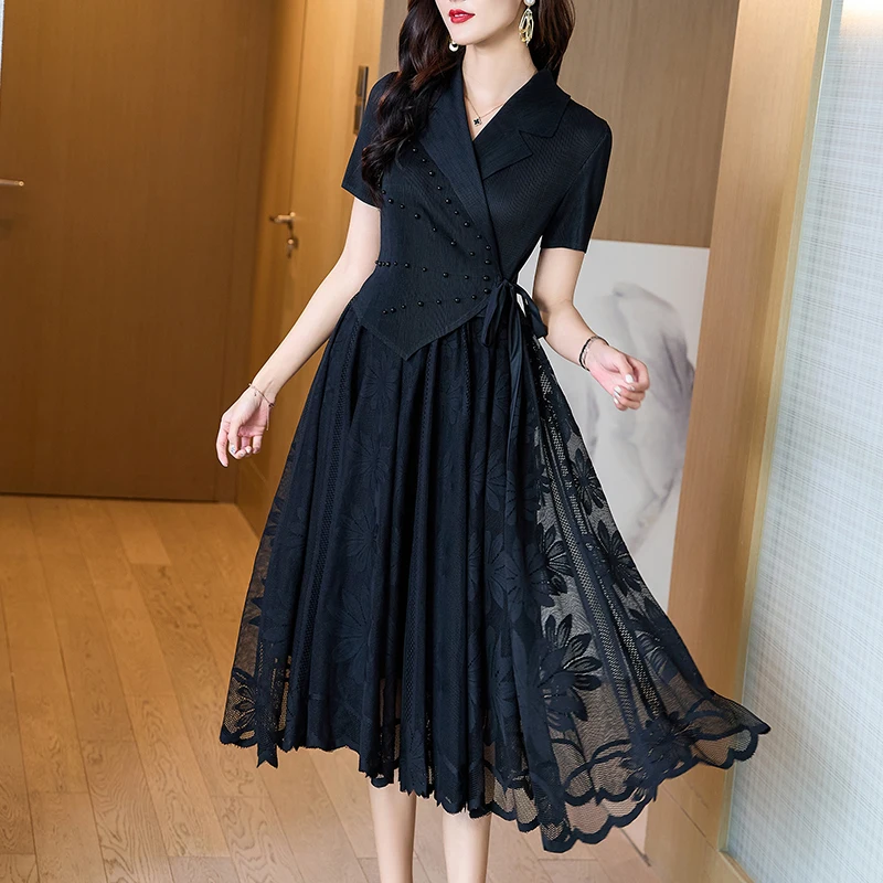 Female Green Print Patchwork Midi Pleated Dress Summer Short Sleeve V-Neck Elegant Dress 2024 Black Korean Vintage  Dress