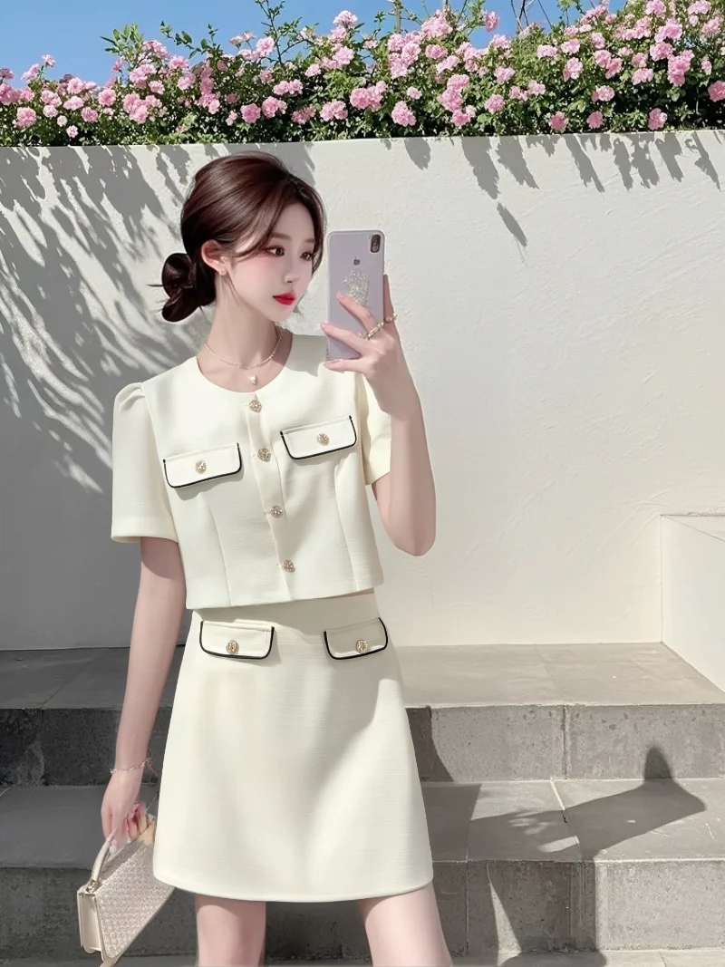 

New Summer Small Fragrance Women's two pieces set Elegant O-neck Puff Sleeve Short Shirt Jacket + High Waist Mini Skirt Suit