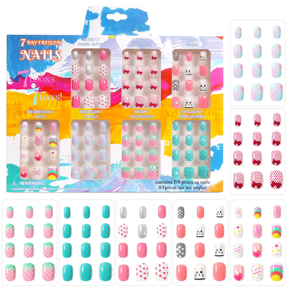 

84pcs Kids Press On Nails Fish Scale False Fake Nails Cat Full Cover Stick On Nails Children Nail Stickers False Nail Decor