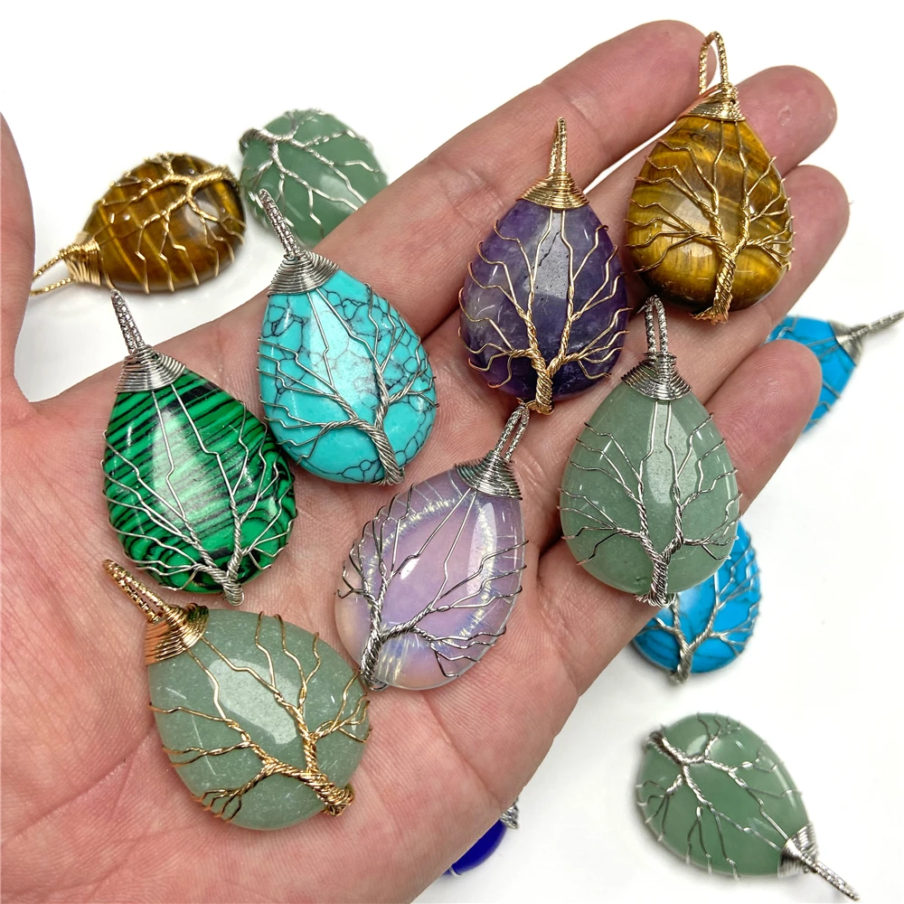 1Pc Water Drop Shape Natural Stone Pendant Handmade Life Tree Charm Pendants Gold Silver Color Wire Wrap Pendant for DIY 24x41mm