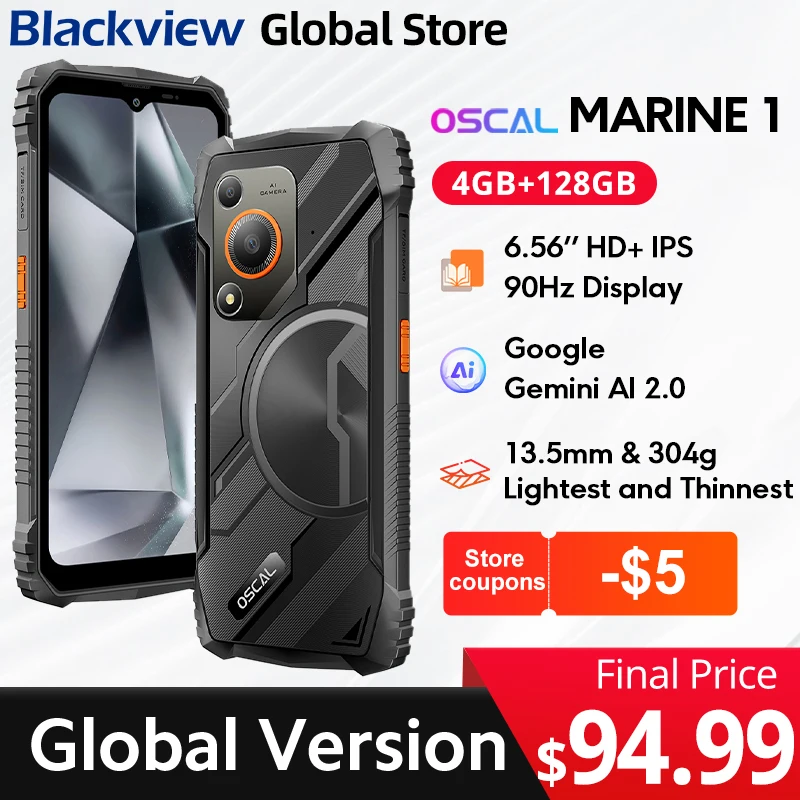 Прочный телефон Oscal MARINE 1, 6,56-дюймовый HD + дисплей 90 Гц, ультратонкий мобильный телефон Gemini Al 2.0 Android 15, 5100 мАч, IP68.
