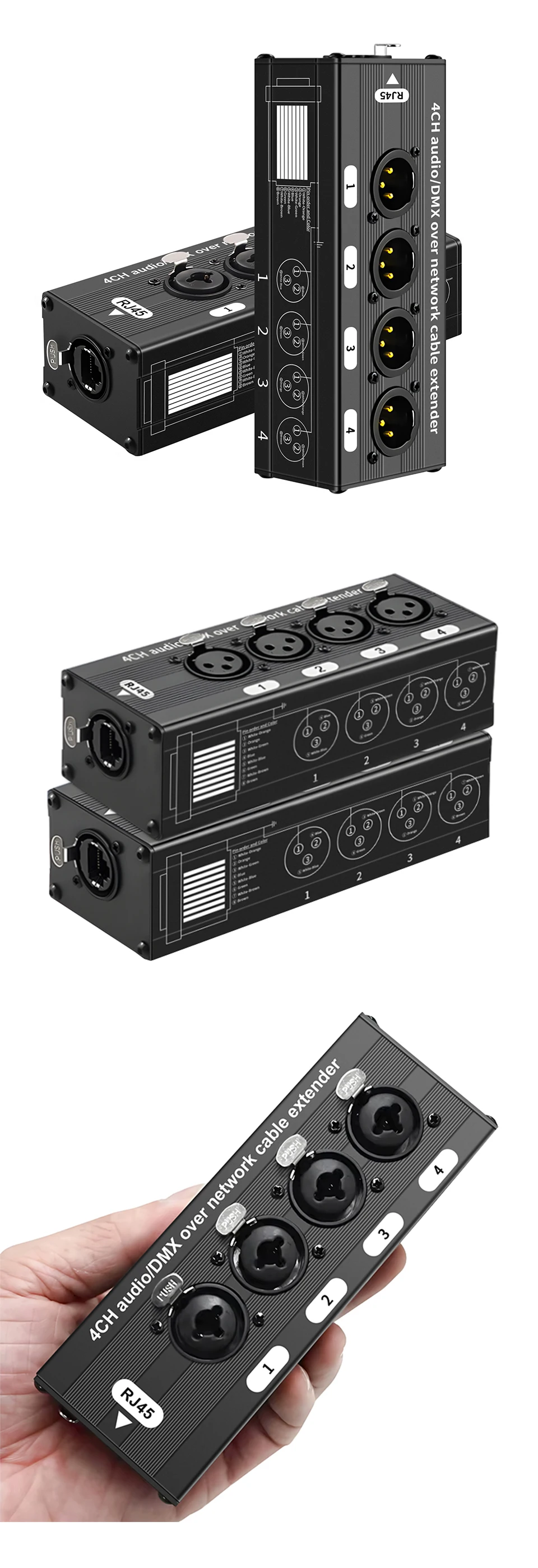 4-Kanal 3-Pin XLR DMX Audio Extender STP Cat5 Cat6 DMX512 Netzwerk-Signalverstärker für Live-Bühnen-Audio und Aufnahmestudios – Detail 9
