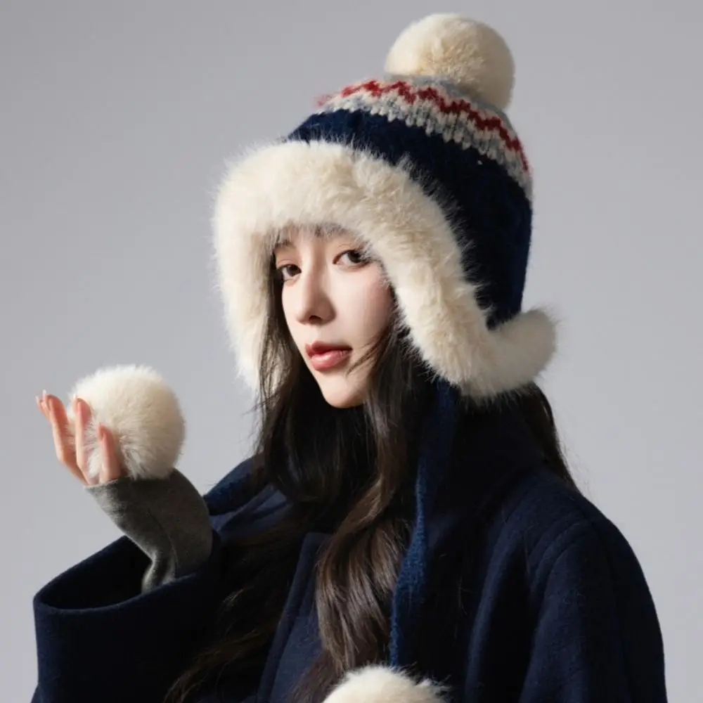 Gorro de punto Jacquard cálido a la moda, gorro con protección para los oídos estampado de estilo étnico, gorro de Lei Feng de lana Vintage para invierno