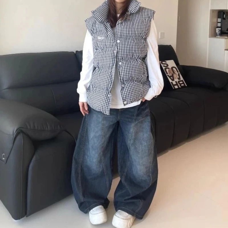 Women's Y2K Retro American High-Waisted Wide-Leg Jeans Curved Embroidery Washed Drop-Crotch Loose Trousers for Street Fashion