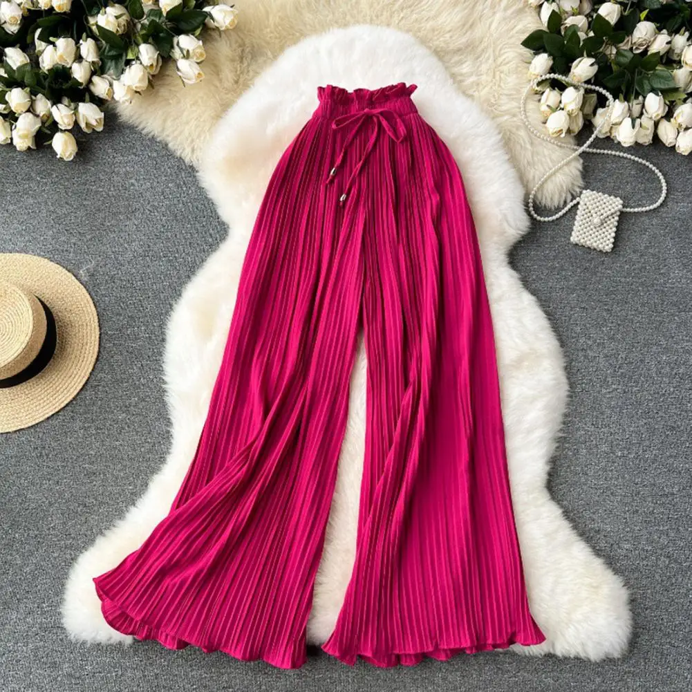 

Pleated Design Pants Stylish Wide Leg Trousers Elastic High Waist Adjustable Drawstring Pleated Design Women's Casual Pants