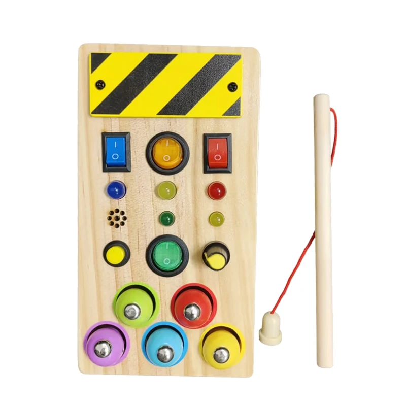 Tablero ocupado de madera Montessori de pesca para bebés, luz LED, Color madera, plástico y madera, interruptor de palanca, juguete para niños de 1 a 3 años, 1 pieza