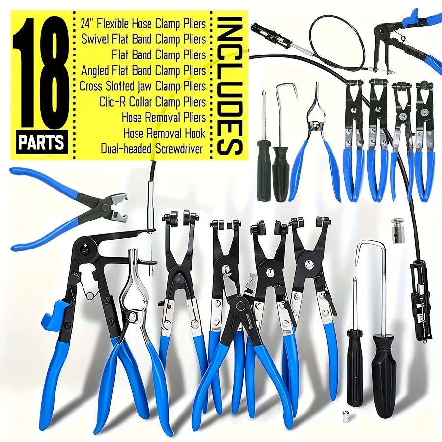 Tool Kit-A Set of 18/9pcs Automotive Hose Clamp Pliers, Pipe Tools, Multi-Functional Clamps, Heavy-Duty Pliers, Strong Pliers, Reliable Clamps, Splitting Pliers, Bendable Cable Clamp Pliers, Multi-Size Clamps.Holiday Gift., Automotive Tools