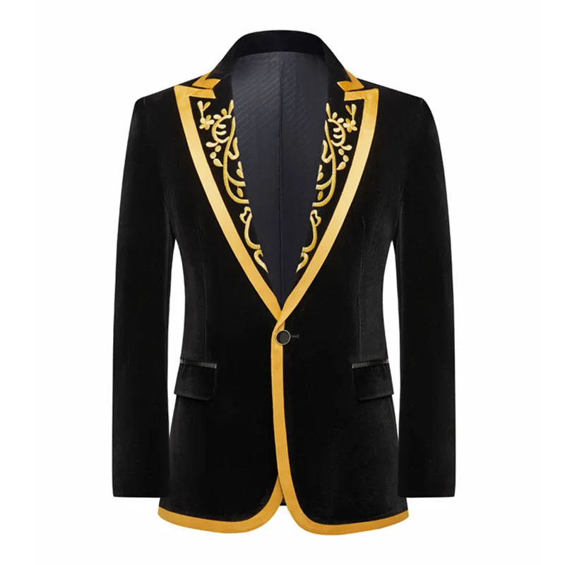 

Мужские пиджаки на плоской подошве из бархата с золотой вышивкой, приталенные смокинги для жениха, свадьбы, выпускного вечера, певицы, хозяина, фотосессии, формальные блейзеры