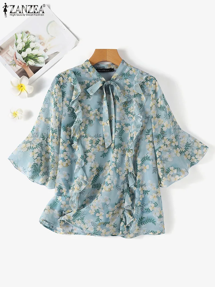 ZANZEA Fashion Summer Ladies Tops Women Flare 3/4 Sleeve Blouse Vintage Bow Tie Neck Tops Office Lady Floral Print Casual Shirt