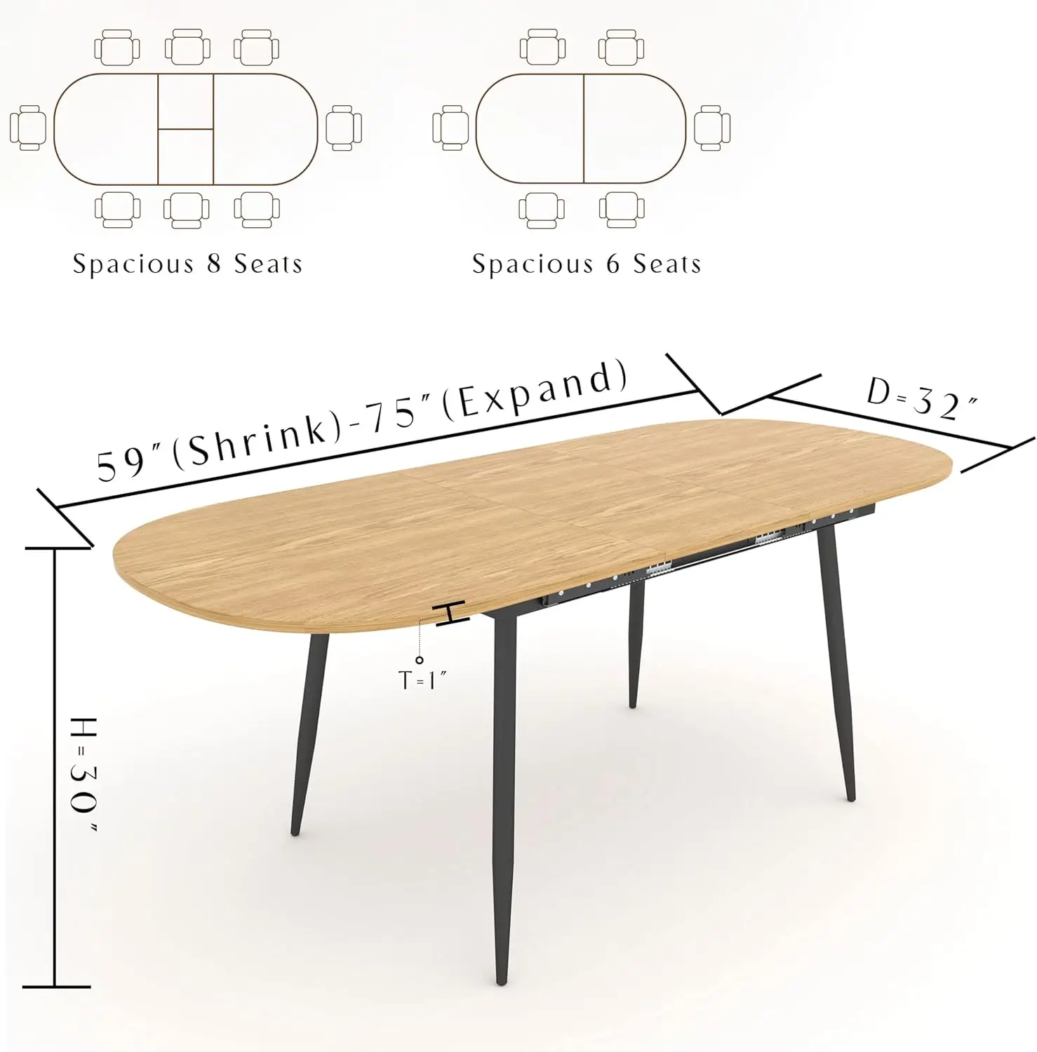 Mesa de comedor extensible de 75" x 32" - Tablero ovalado de madera con patas de metal, cocina de comedor extensible que ahorra espacio de 59" a 75"