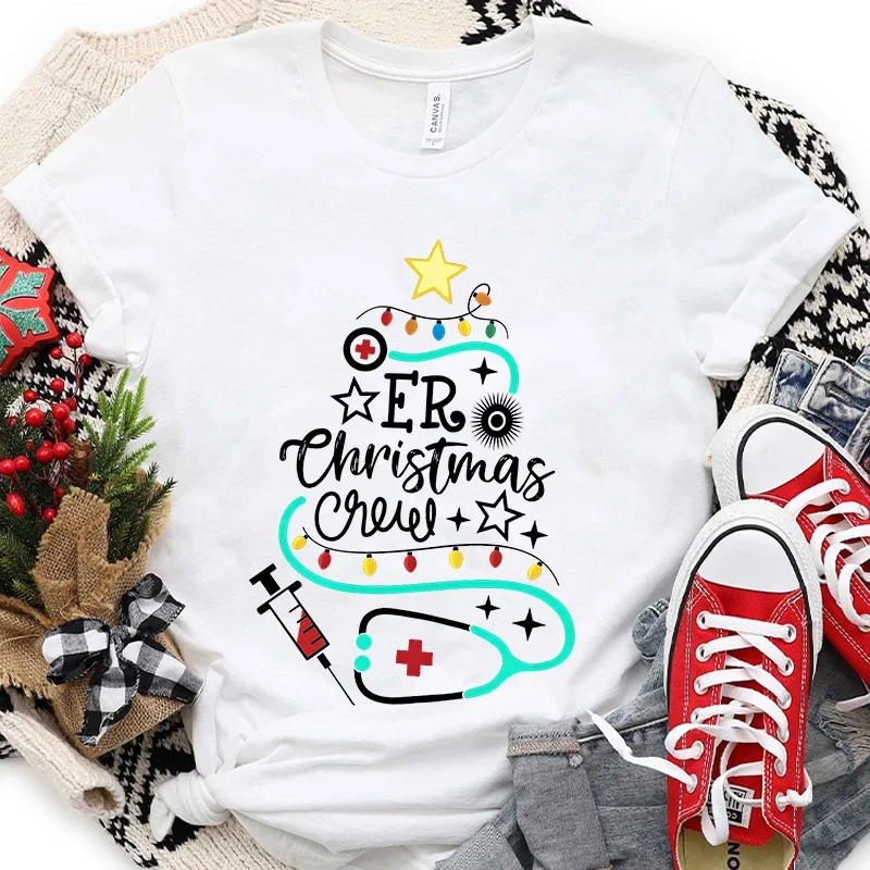 Happy New Year Short Sleeve Christmas Crew T-shirt for Women Emergency Room Nurse T-shirt Christmas Lights Print Tees