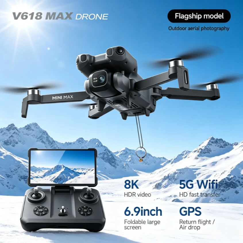 [Brand+] V618 MAX GPS Foldable Drone 6.9‑Inch Screen Remote 4K UHD Dual Camera 5G FPV Brushless Motor Airdrop RC Quadcopter