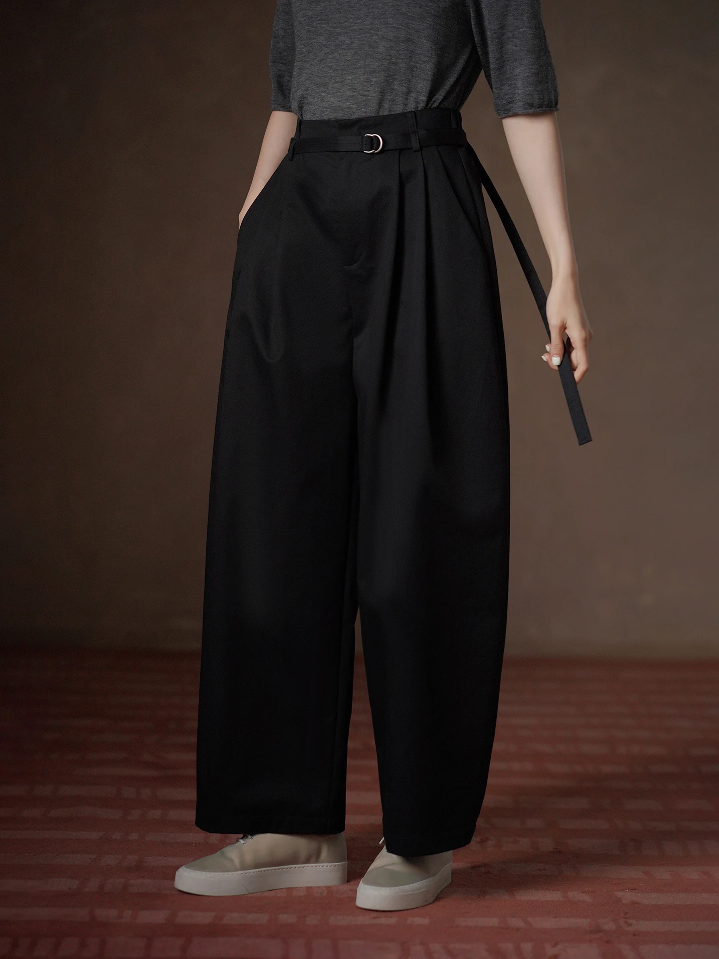 Hacikis High Waist Loose Fit Straight Leg Cotton Pants Women's Commute Trousers Adjustable Waistband Slimming Effect