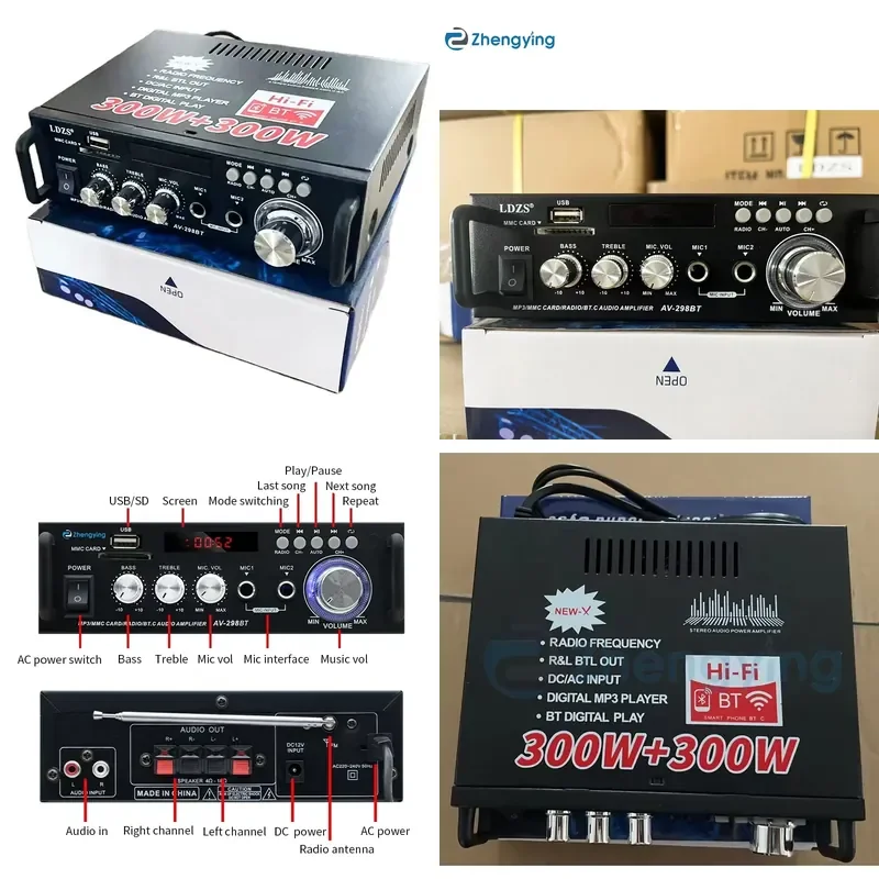LDZS Professional Amplifier Audio Stereo Power BT FM Radio 2CH Home Theater Amplifiers Mini Amplificador AV-298BT