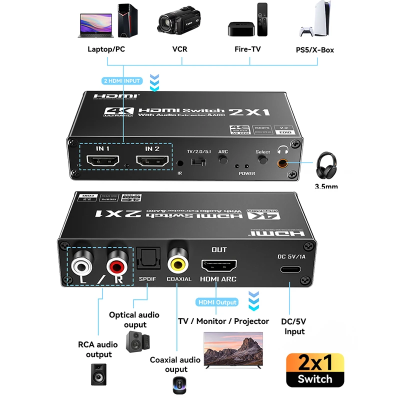 4K HDMI Switch Audio Extractor 2 in 1 out with ARC Return HDMI Switcher 2x1 with R/L+Toslink SPDIF+COAXIAL Audio Out for PC TV