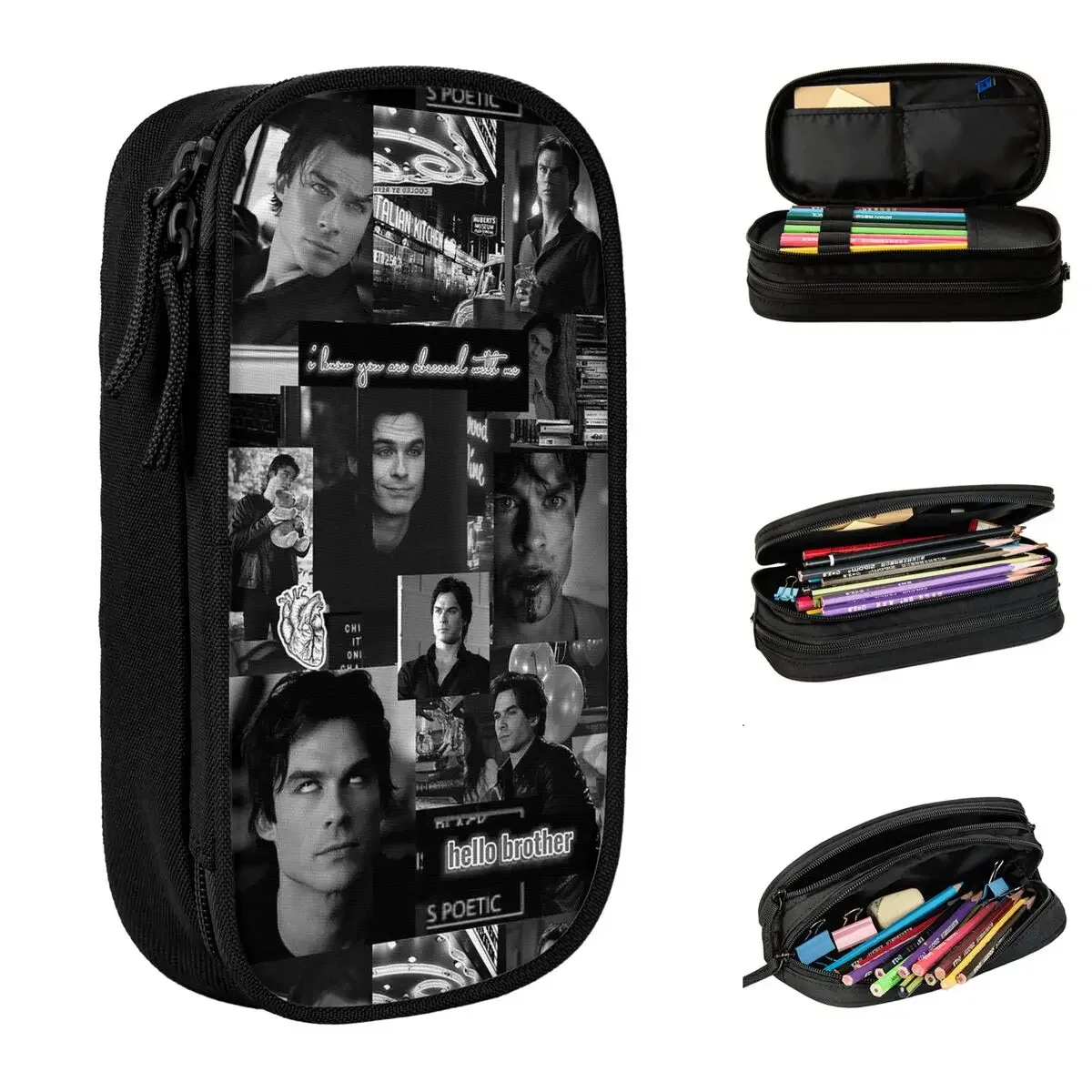 Damon Salvatore The Vampire Diaries Pencil Cases Pen Holder Bags Girls Boys Large Storage School Supplies Gifts Pencilcases