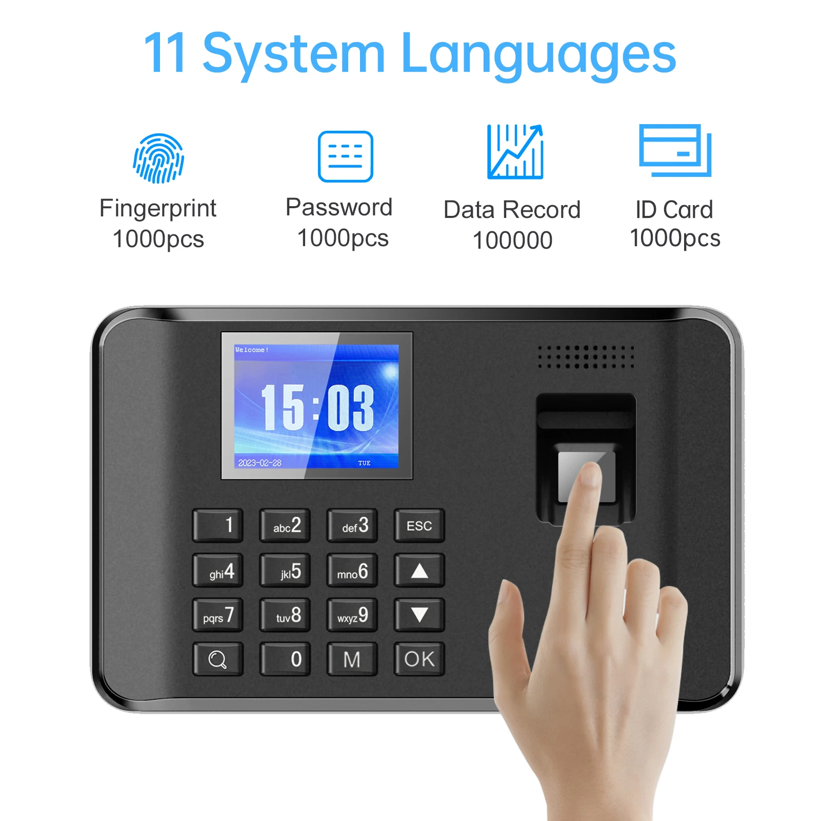 Máquina biométrica inteligente de atendimento com senha de impressão digital, relógio de tempo, gravador de verificação de funcionário, tela LCD de 2,4 polegadas