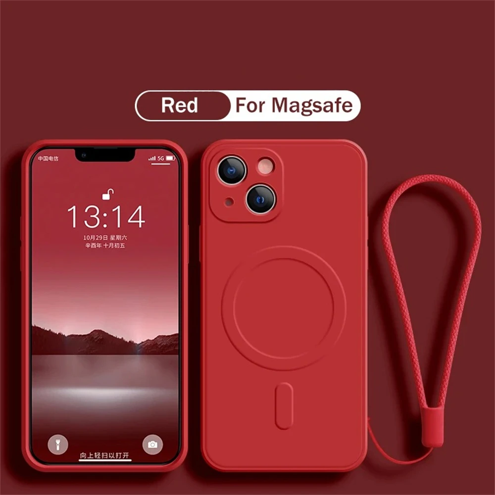 Magnetische MagSafe Wireless-Ladehülle für iPhone 17 15 16 14 Plus 13 12 11 Pro Max – Weiche Flüssigsilikon-Schutzhülle mit Trageriemen